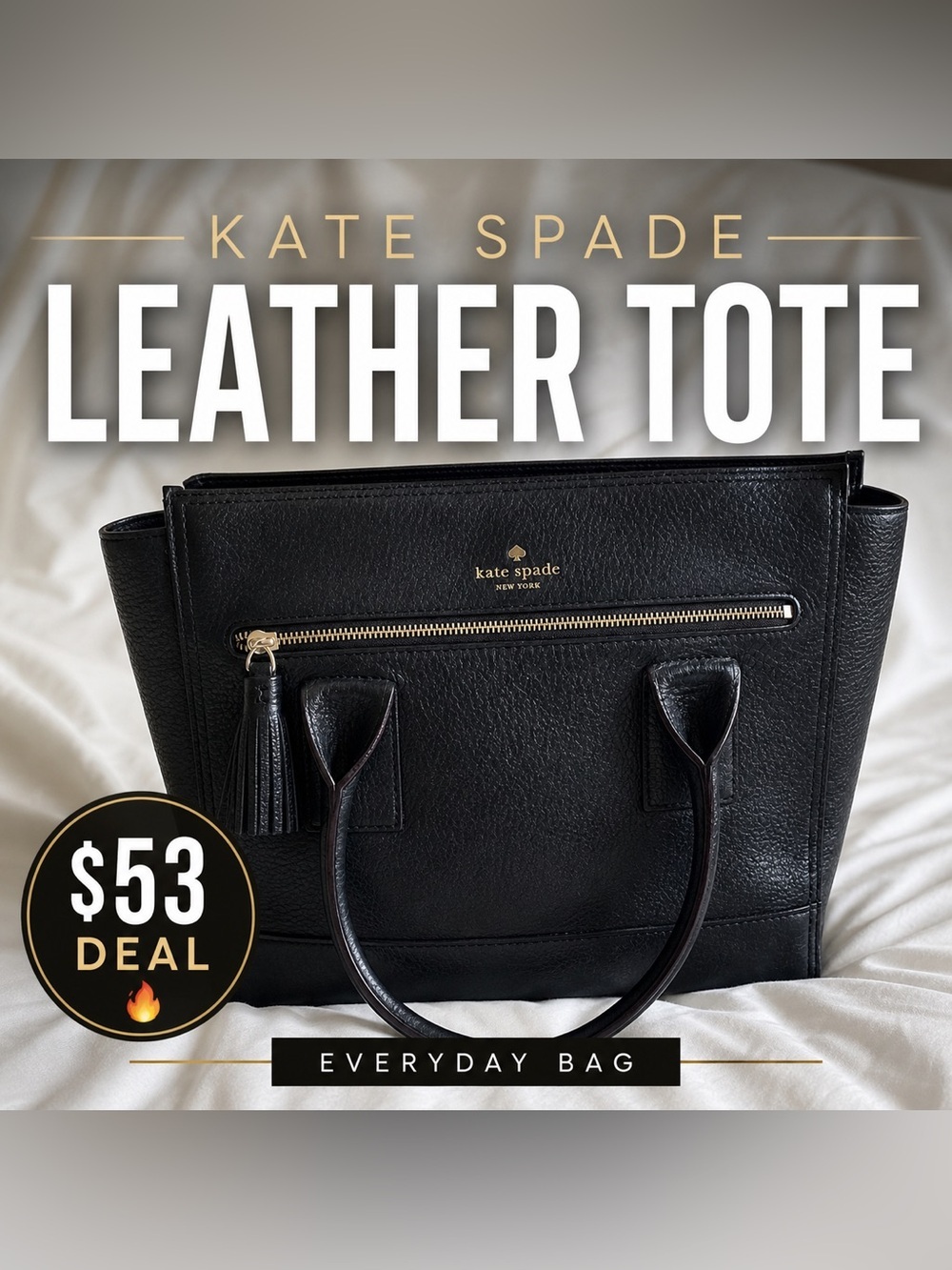 Kate Spade Black Textured Leather Tote Minimalist Fashion